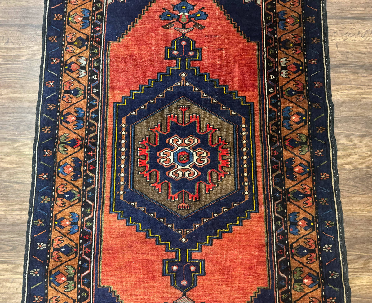 Persian Rug 3x6, Geometric Medallion, Village Tribal Rug, Terracotta and Navy Blue, Antique Nahavand Hamadan Rug - Jewel Rugs, view 5