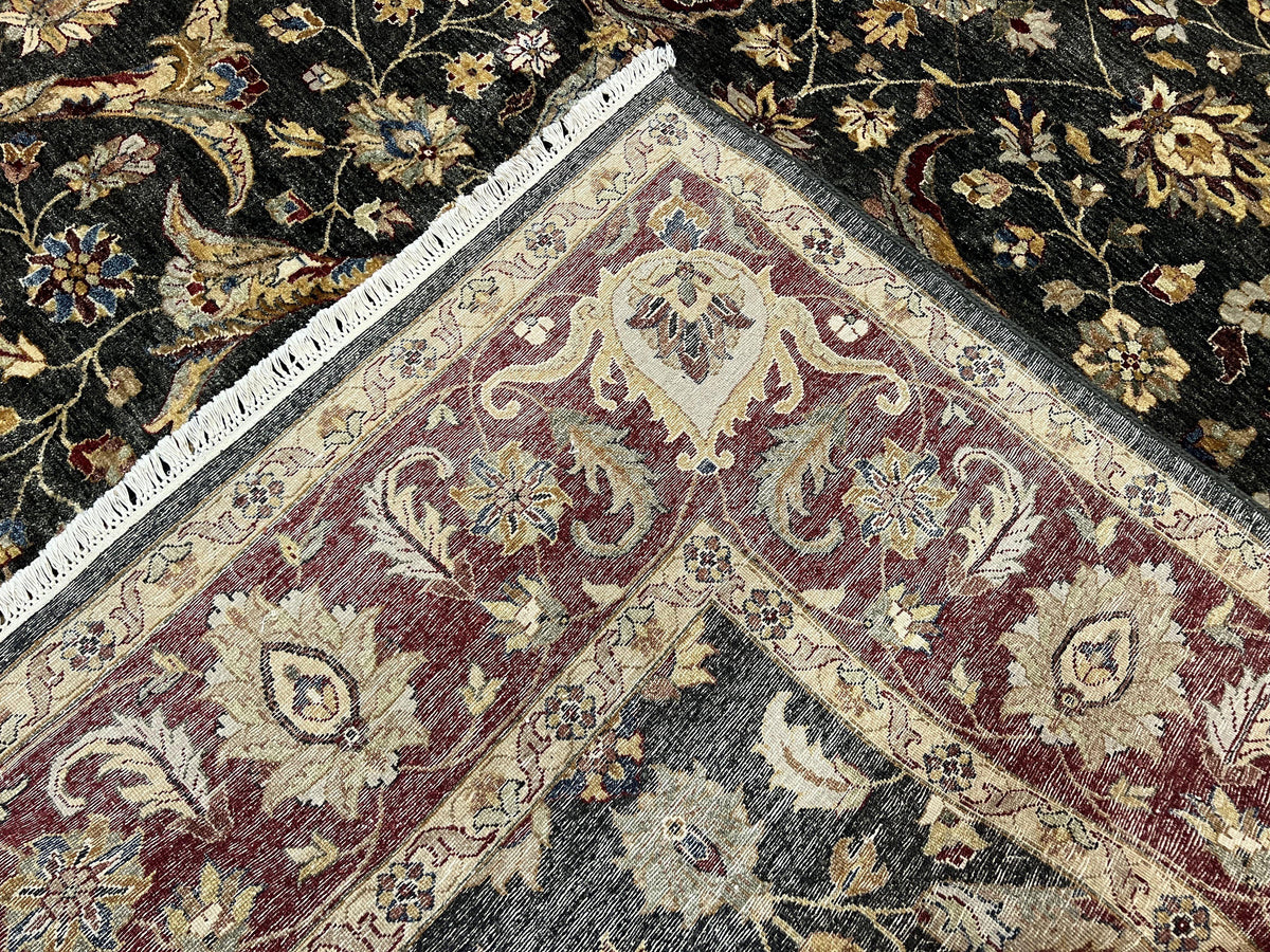 Pak Persian Mahal Rug 9x12, Allover Floral Pakistani Oriental Carpet 9 x 12, Wool Hand Knotted Area Rug, Dark Slate Gray-Black and Maroon - Jewel Rugs, view 11