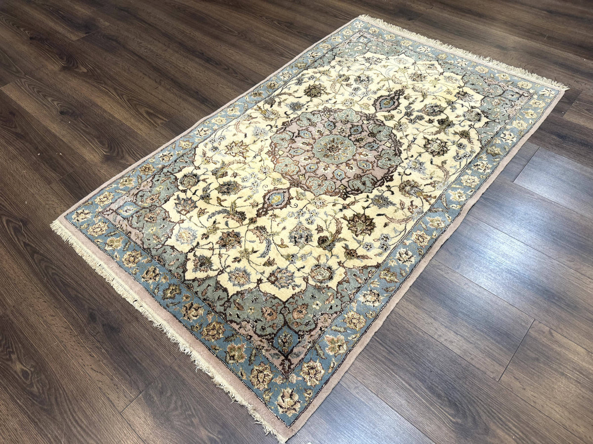 Persian Isfahan Rug 3x5, Fine 310 KPSI, Kork Wool Silk Foundation, Cream & Light Green - Jewel Rugs, view 12