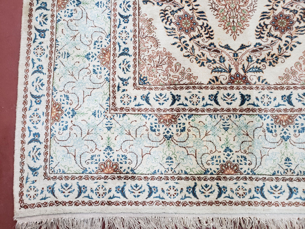 Fine Antique Persian Light Colored Kashan Carpet, 7x12, Top Quality, Rare, Ivory & Blues, Hand-Knotted, Wool - Jewel Rugs, view 9