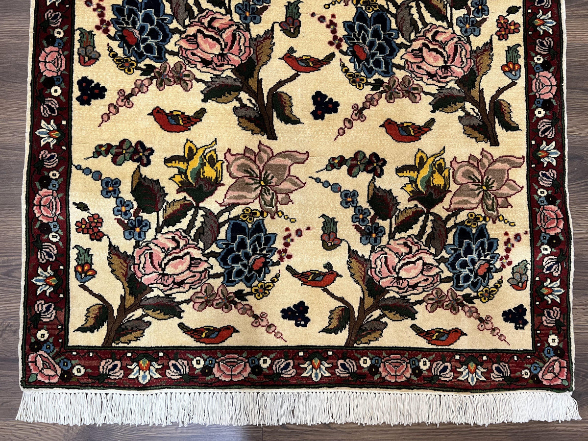 Persian Bidjar Rug 3.6 x 5 ft, Repeated Floral Motifs, Roses and Birds, Cream Burgundy, Fine Wool Oriental Bijar Carpet, Vintage Traditional Area Rug - Jewel Rugs, view 6