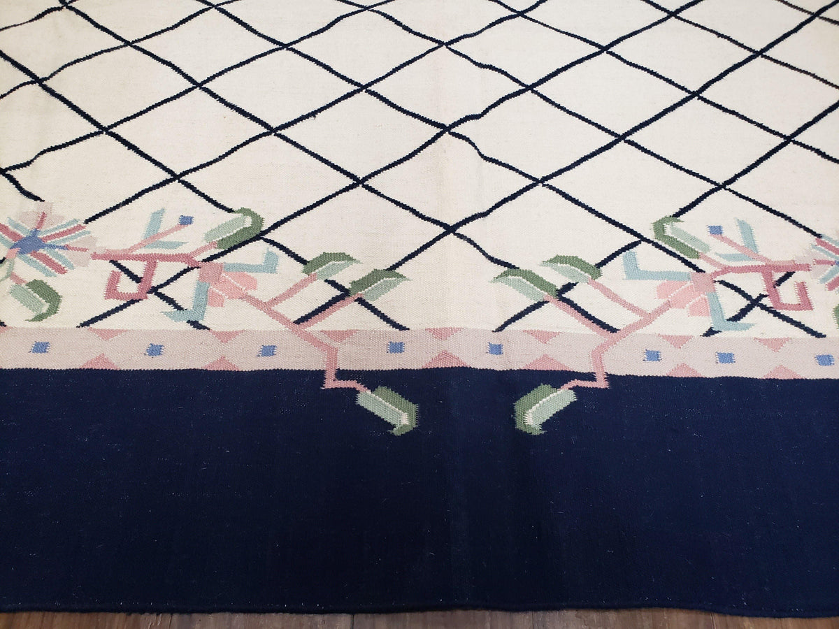 Vintage Dhurrie Rug, Indian Dhurrie 8x11 - 9x11, Wool Hand-Woven Ivory & Black Indo Carpet, Large Flat Weave Rug Living Room Rug Black White - Jewel Rugs, view 6