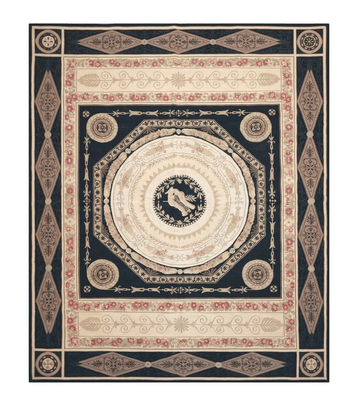 8x10 Woolen Needlepoint Rug Black European Savonnerie Carpet Circles Flat Weave Carpet Area Rug New Handmade Hand-Knotted Harp Flowers - Jewel Rugs