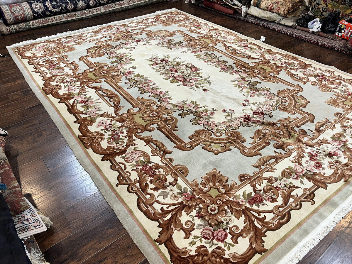 Aubusson Rug 10x13, Cream and Light Mint Green Hand Knotted Handmade French Savonnerie European Carpet, Wool Pile, Large Room Sized Vintage - Jewel Rugs, view 13