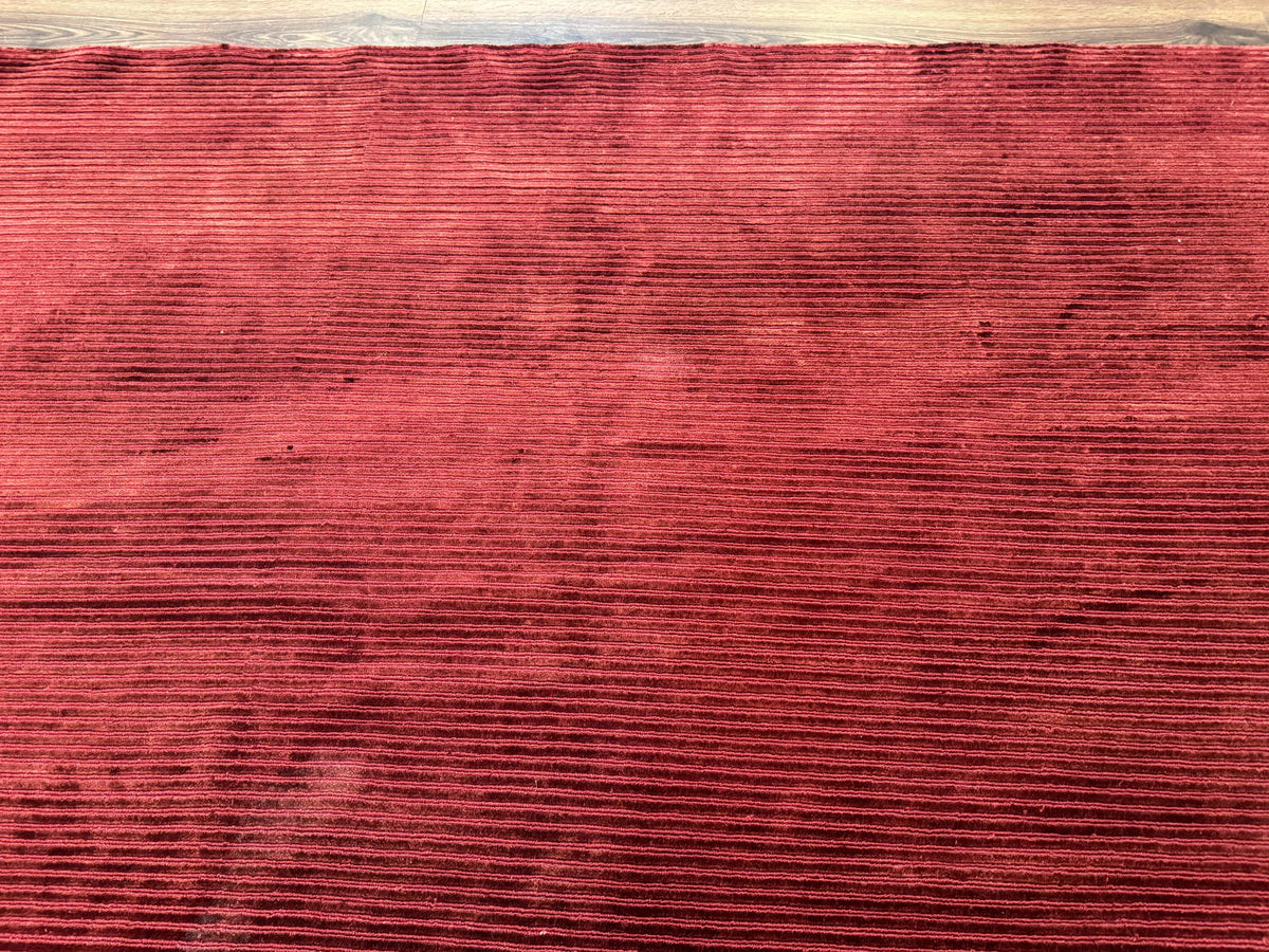 Modern Tibetan Rug 8x10, Red, Stripes, Handmade Wool Thick Pile Carpet - Jewel Rugs, view 4