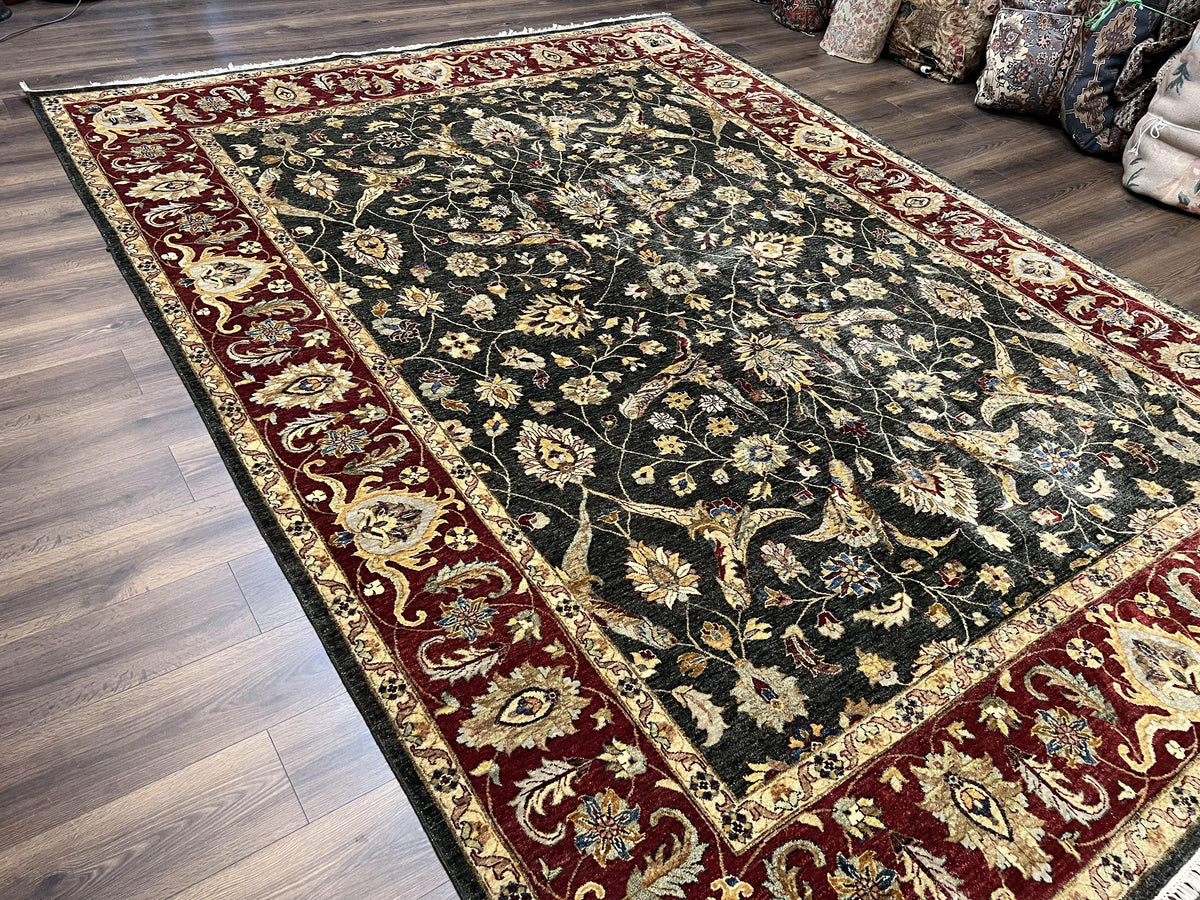 Pak Persian Mahal Rug 9x12, Allover Floral Pakistani Oriental Carpet 9 x 12, Wool Hand Knotted Area Rug, Dark Slate Gray-Black and Maroon - Jewel Rugs, view 13