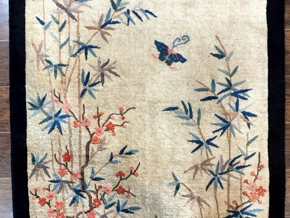 Antique Chinese Oval Rug 3.9 x 6.7, Floral, Butterflies, Chinese Wool Art Deco Peking Carpet, Beige, Handmade - Jewel Rugs, view 5