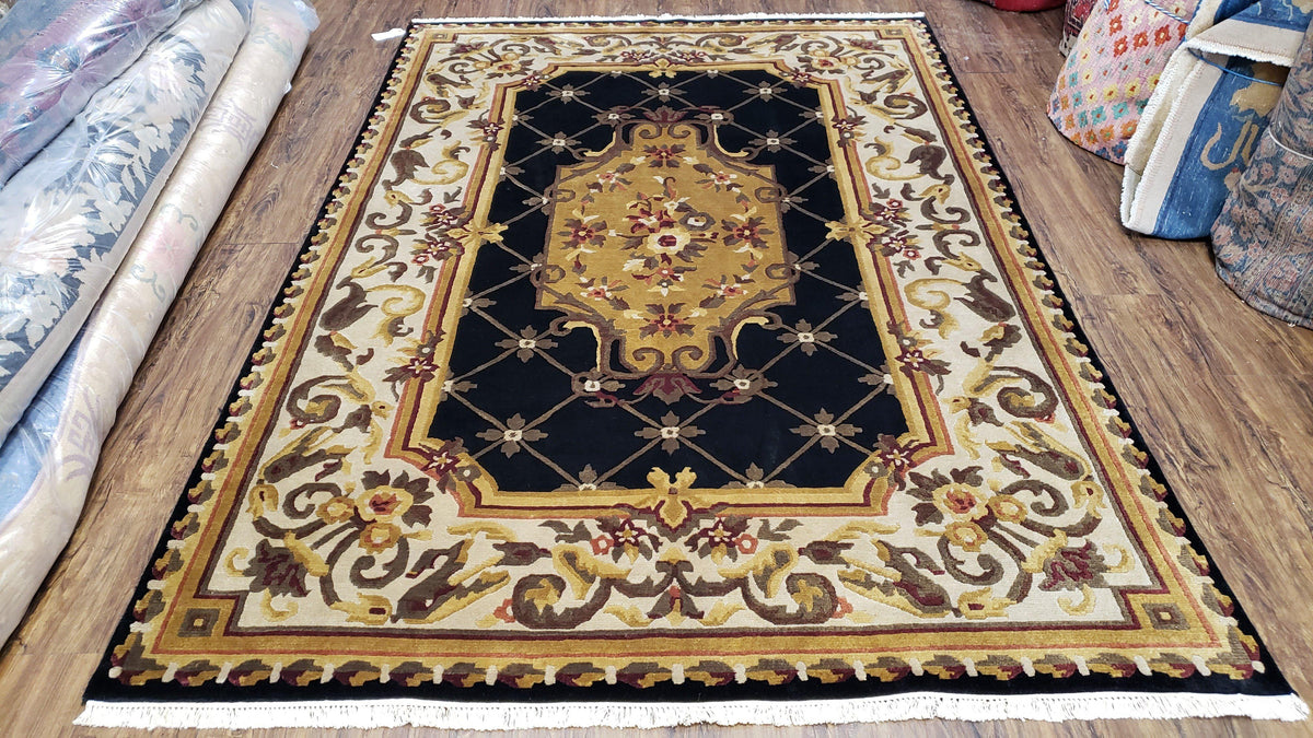 Nepal Rug 6x9, Nepalese Aubusson Area Rug 6 x 9, Hand-Knotted Wool Soft Pile Black & Beige Tibetan Aubusson New Carpet European Savonnerie - Jewel Rugs, view 2