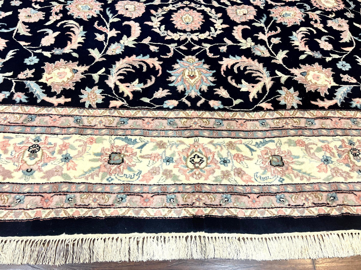 Indo Persian Rug 9x12, Navy Blue and Ivory/Cream, Floral Allover, Wool Vintage Handmade Carpet - Jewel Rugs, view 10