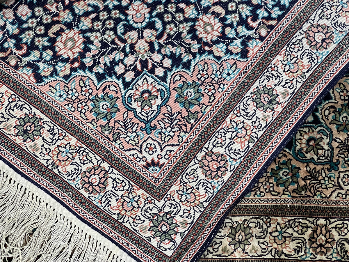 Sino Persian Silk Rug 2x2 ft, Very Fine High KPSI Small Silk Oriental Carpet, Hand-Knotted, Medallion, Vintage Silk Rug, Black Ivory/Cream - Jewel Rugs, view 6