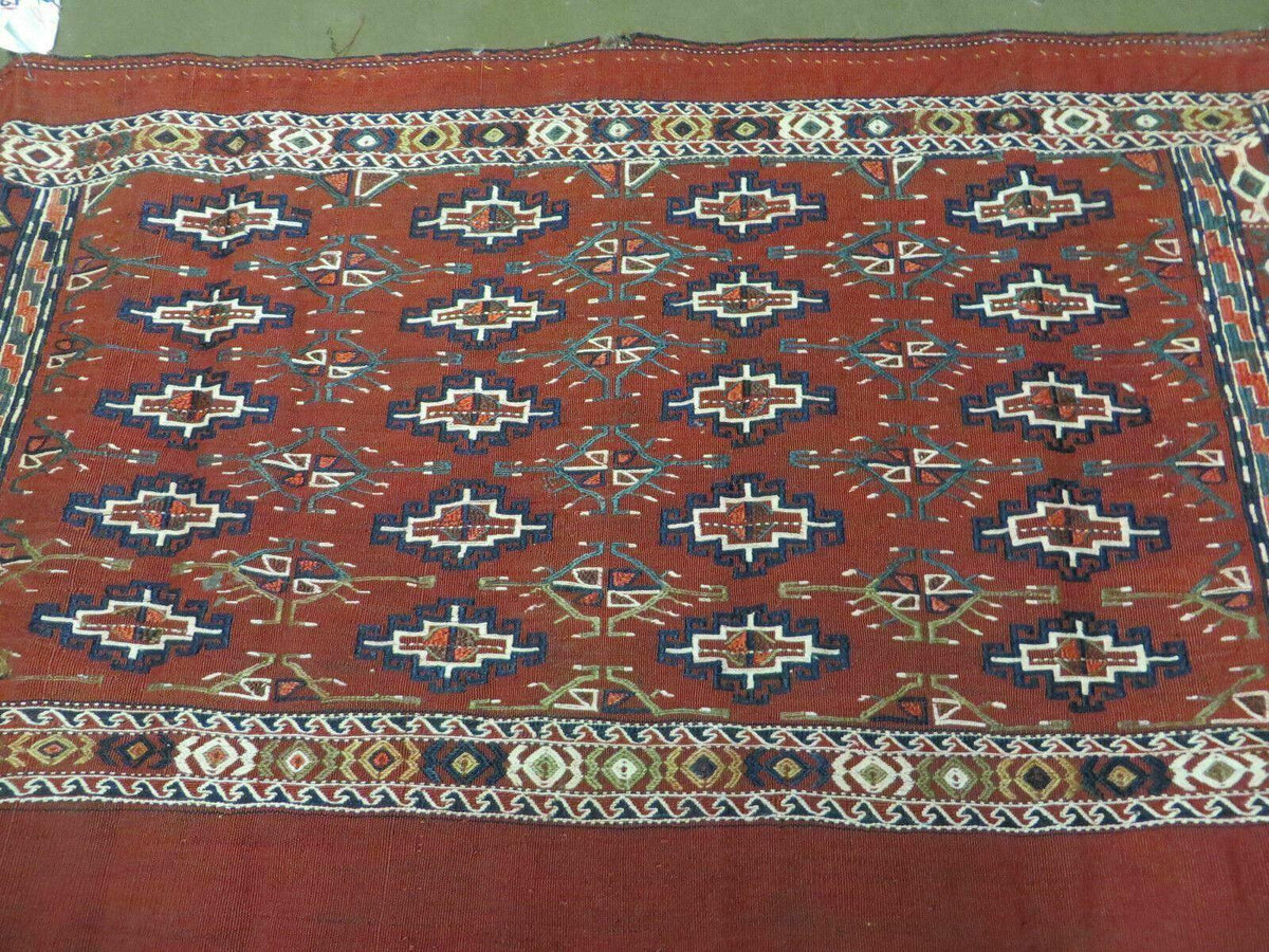 45" X 32" Antique Handmade Bokhara Turkoman Yomud Chuval Wool Rug Soumak NICE - Jewel Rugs, view 12