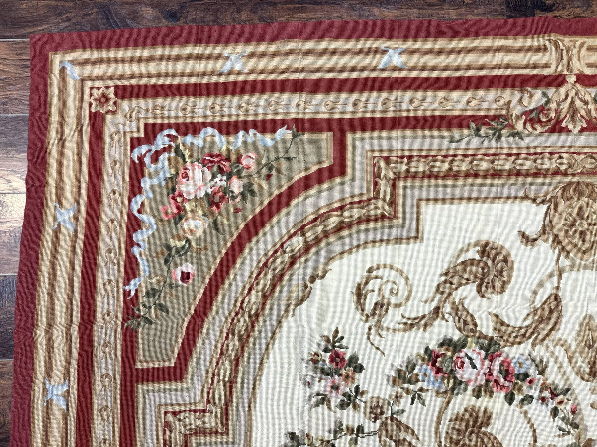 Aubusson Needlepoint Rug 9x11, Handmade Vintage Wool Flatweave Carpet, Elegant European Rug, Floral, Cream - Jewel Rugs, view 7