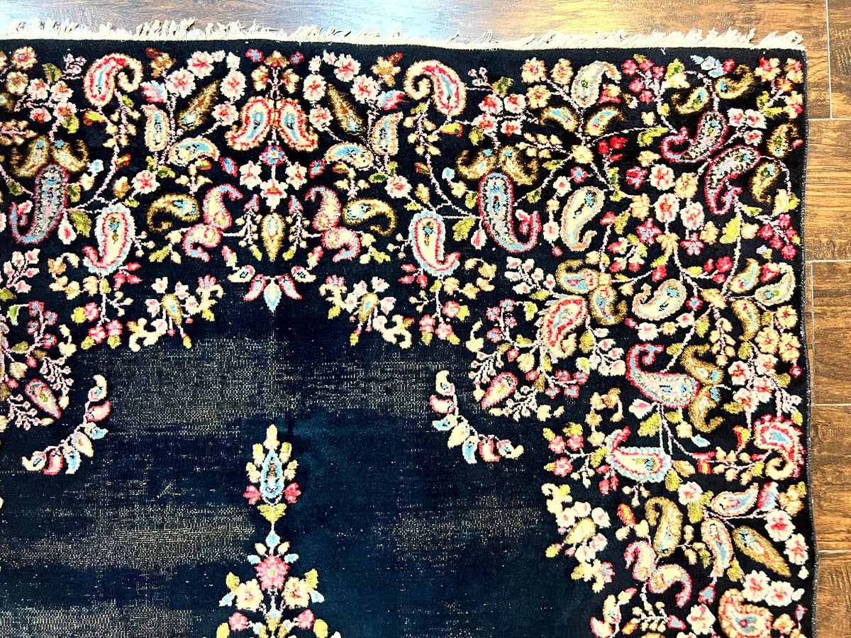 Antique Persian Kirman Rug 5x8, Floral Kirman, Midnight Blue/Black, Semi Open Field, Handmade Vintage Wool Carpet - Jewel Rugs, view 8
