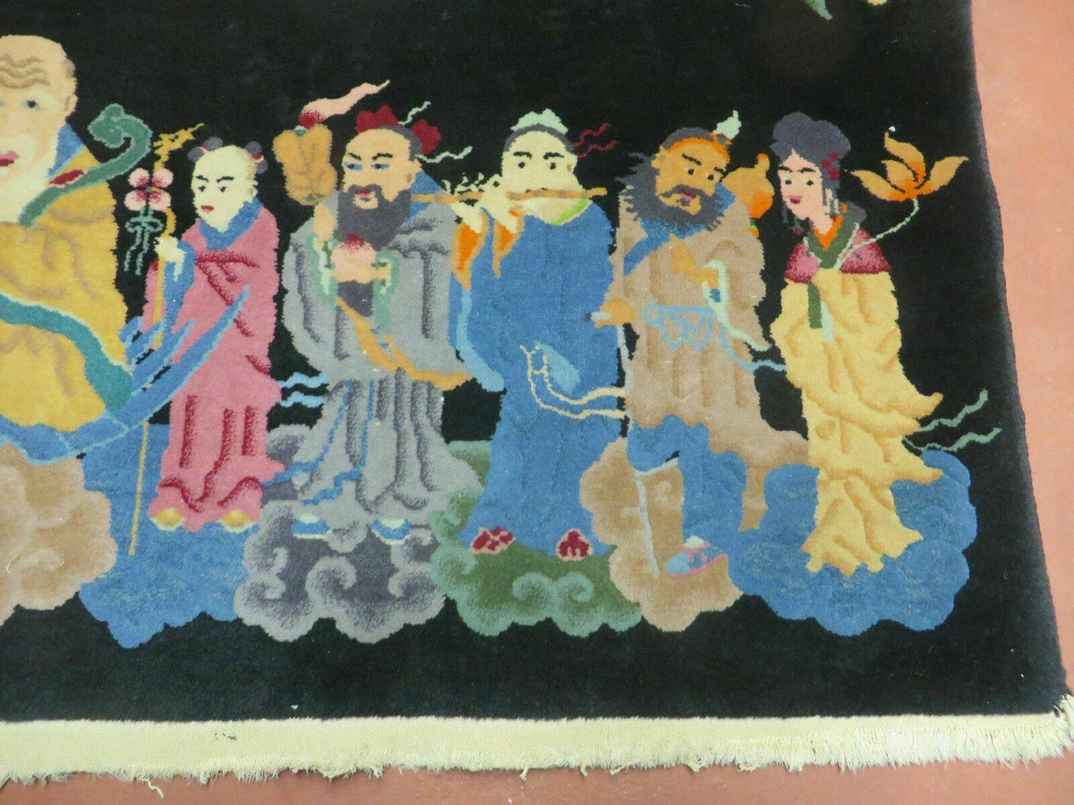 Chinese Wool Pictorial Rug 3x6 Counsel of Wise Elders Philosophers, Vintage Hand Knotted Black Chinese Carpet, Swan, Clouds Confucius, Rare - Jewel Rugs, view 11