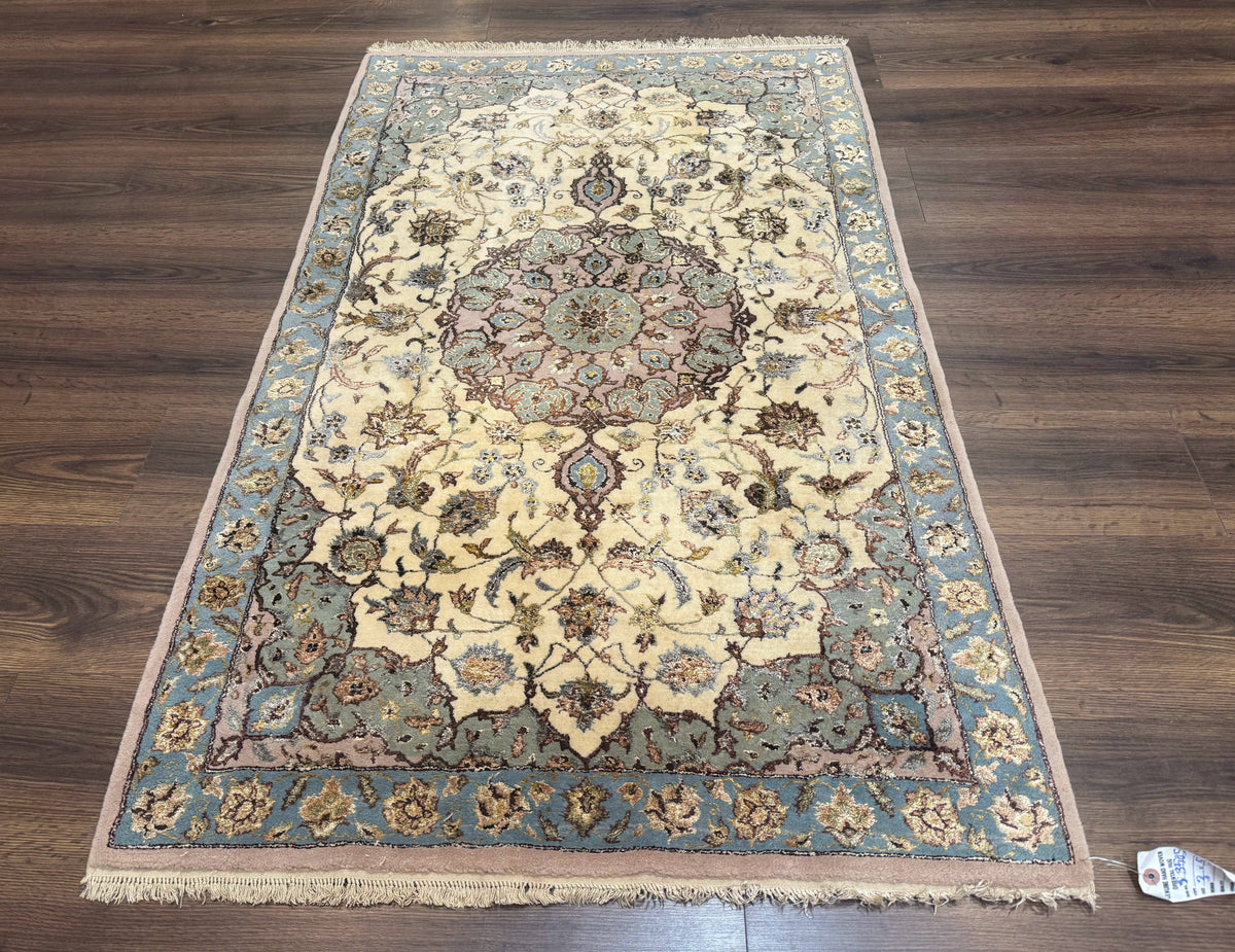 Persian Isfahan Rug 3x5, Fine 310 KPSI, Kork Wool Silk Foundation, Cream & Light Green - Jewel Rugs, view 2