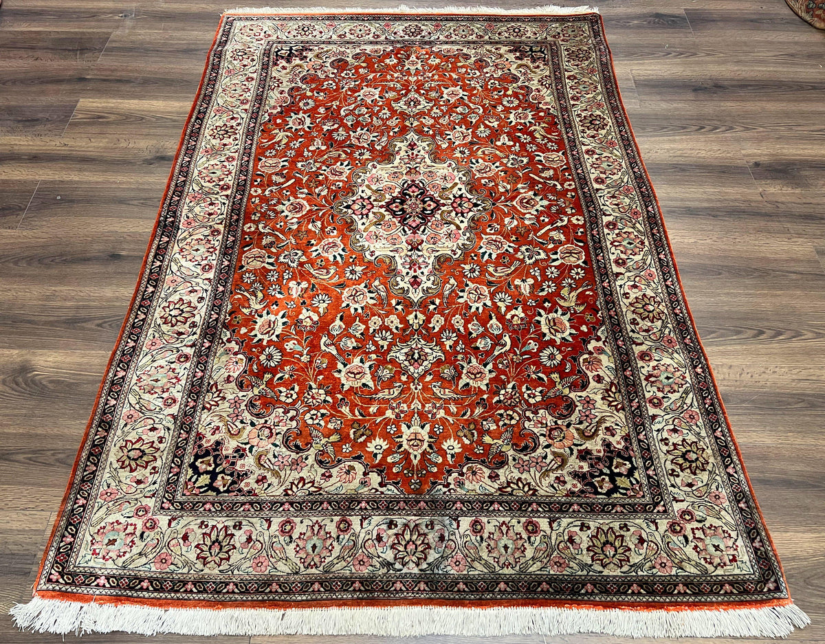 Persian Qum Silk Rug 5x7 - Floral Medallion, Birds, Orange-Red - Jewel Rugs