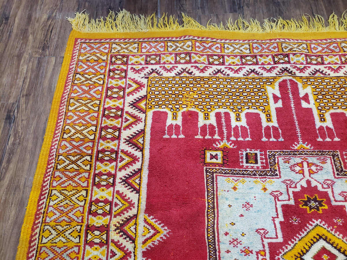 Vintage Moroccan Rug 6x10, Red and Yellow Moroccan Carpet, Handmade Bohemian Tribal Area Rug, Hand-Knotted 1970s Wool Rug, Medalions - Jewel Rugs, view 7
