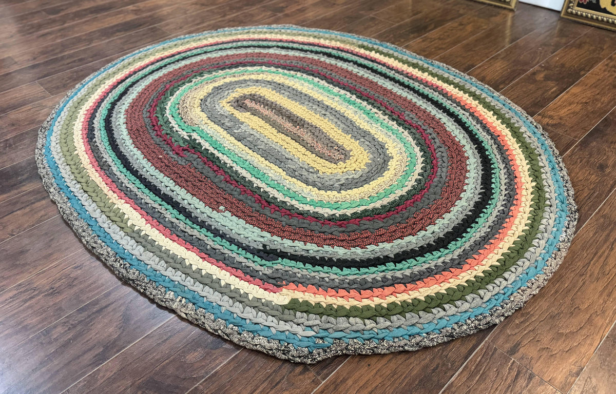 Antique American Braided Rug 5x7, Oval Multicolor Handmade Wool Braided Carpet - Jewel Rugs, view 13