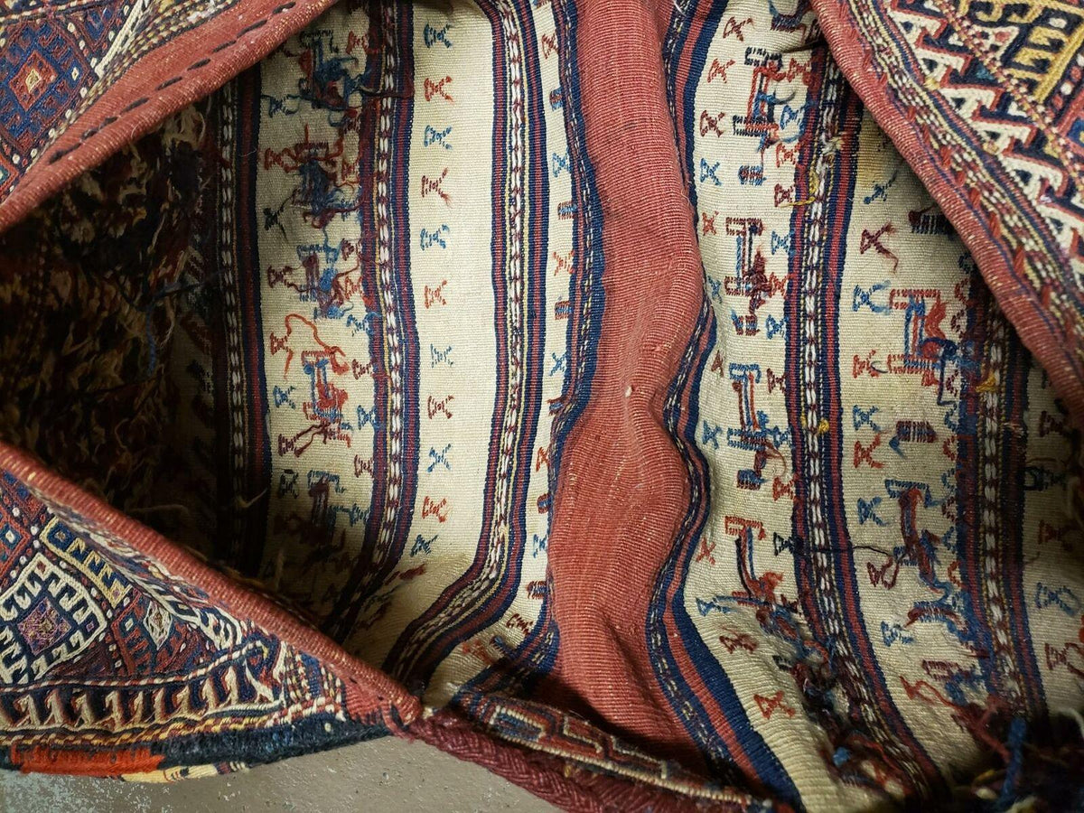 26" X 56" Antique Handmade Authentic Tribal Wool Rug Double Bag Tobreh - Jewel Rugs, view 6