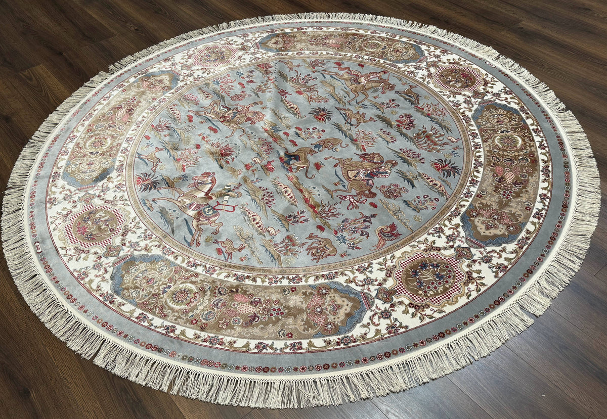 Round Silk Rug 6x6, Hunting Design, Bamboo Silk, Animal Pictorials - Jewel Rugs, view 12