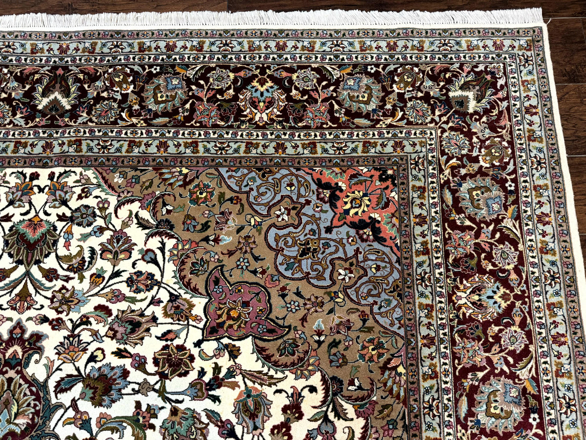 Persian Tabriz Rug 8x11, Floral Medallion Traditional Area Rug, Fine 300 KPSI, Ivory Maroon - Jewel Rugs, view 7