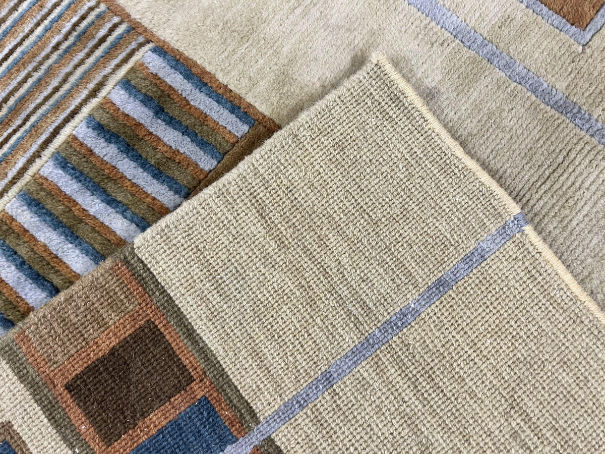 Tibetan Rug 5x8, Contemporary Rug 5 x 8 ft, Cream Brown Blue Hand-Knotted Wool w/ Silk Highlights Tibetan Carpet, Modern Rug - Jewel Rugs, view 11