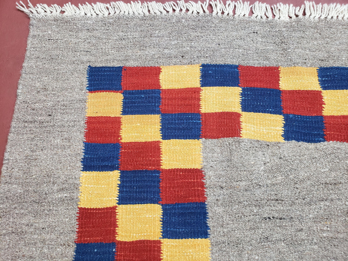New Turkish Kilim Area Rug, Gray Carpet With Colorful Checker Border, 5'6" x 8", Flatweave Carpet, Playroom Rug, Kids Room Rug, Hand-Knotted - Jewel Rugs, view 5