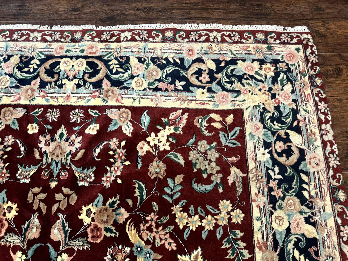 Indo Persian Rug 8x10, Floral Allover with Bird Pictorials, Maroon and Navy Blue, Handmade Wool Area Rug - Jewel Rugs, view 8