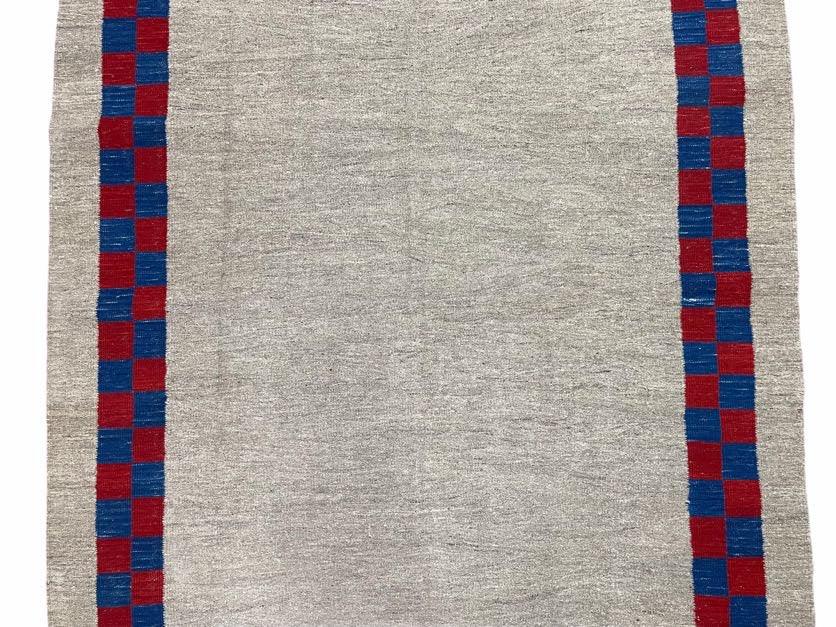 5' 7" x 7' 9" Geometric Kilim Carpet, Gray, Handmade, Hand-Knotted Area Rug, Blue & Red, Flatweave, Wool, New, Checkerboard Pattern - Jewel Rugs, view 5