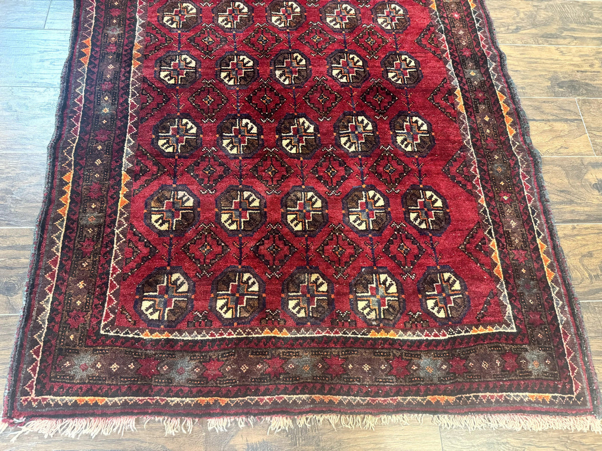 Persian Turkoman Tribal Rug 4x8, Handmade Vintage Wool Carpet, Red, Bohemian Rug - Jewel Rugs, view 6