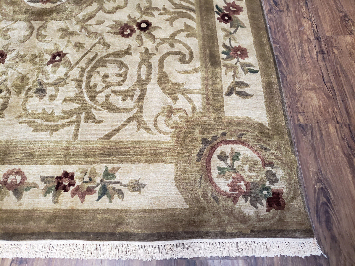 Vintage Nepali Tibetan Aubusson Rug 6x9, Wool Hand-Knotted Cream Beige Carpet, Leaves & Floral Pattern 6 x 9 Soft Area Rug Home Office Rug - Jewel Rugs, view 10