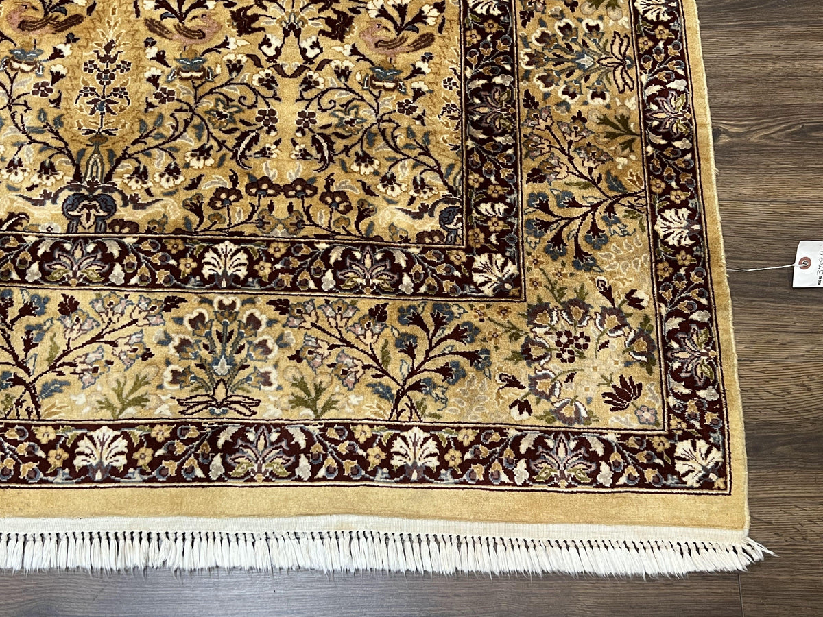 Pretty Indo Persian Rug 6x9, Allover Floral Motif with Birds, Tan/Cream, Very Fine Oriental Carpet, Hand Knotted Vintage Indian Wool Rug - Jewel Rugs, view 9