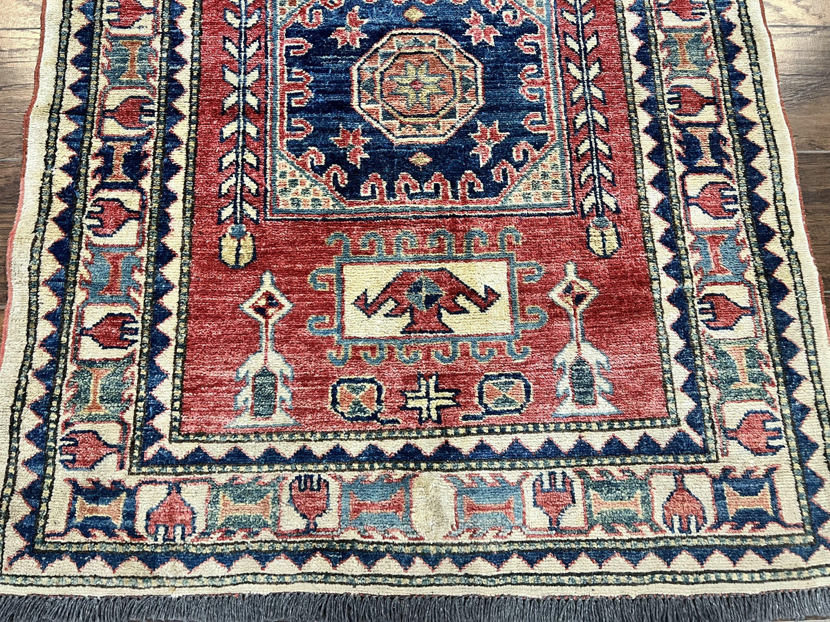 Turkish Kazak Rug 3x4, Wool Hand Knotted Small Vintage Carpet, Red Navy Blue, 3 x 4 Oriental Rug, Geometric Design - Jewel Rugs, view 6