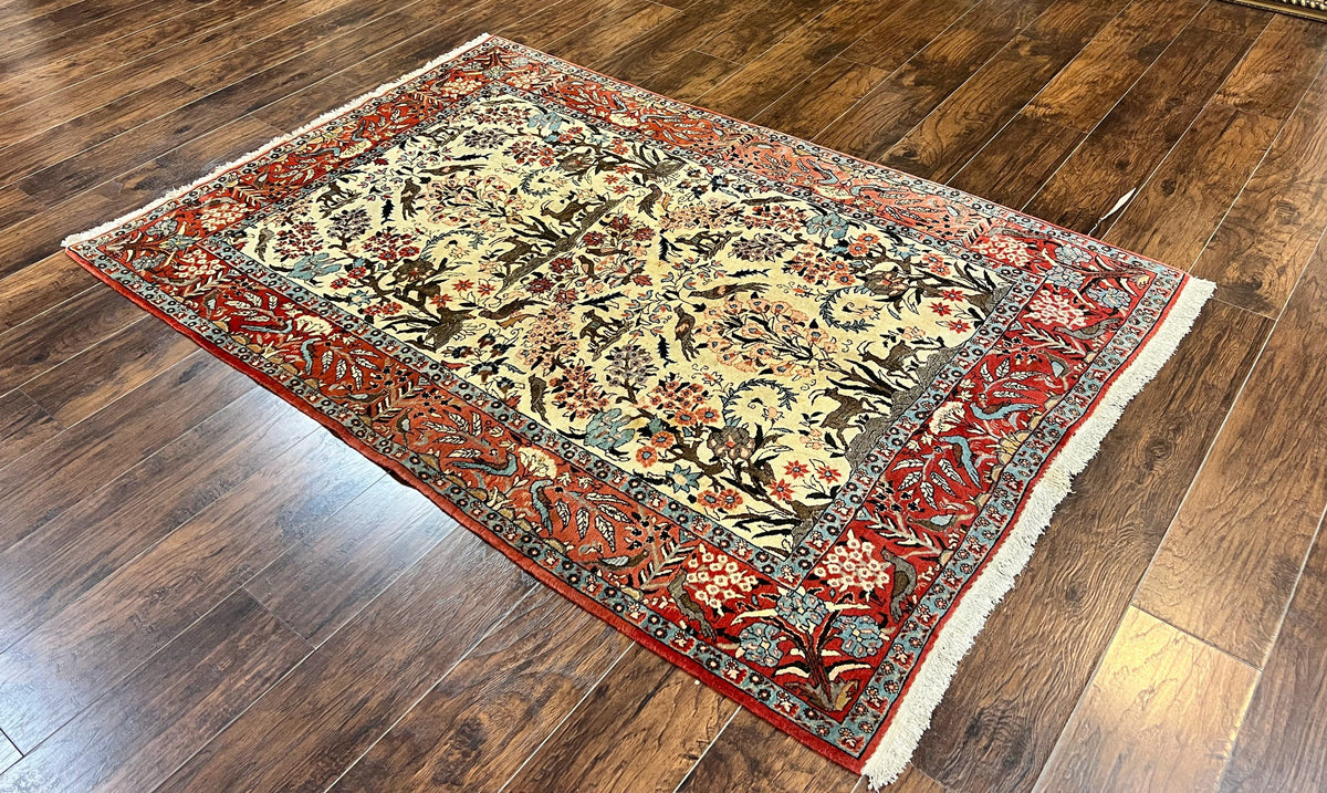 Persian Tree of Life 5x7, Qum Rug, Animal Motifs, Deer Birds, Fine 225 KPSI, Semi Antique Wool Rug, Cream Red - Jewel Rugs, view 13