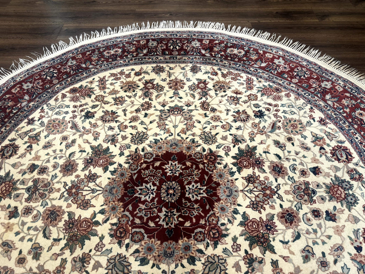 Round Sino Persian Rug 8x8, Wool and Silk, Floral Medallion, Ivory Dark Red - Jewel Rugs, view 8