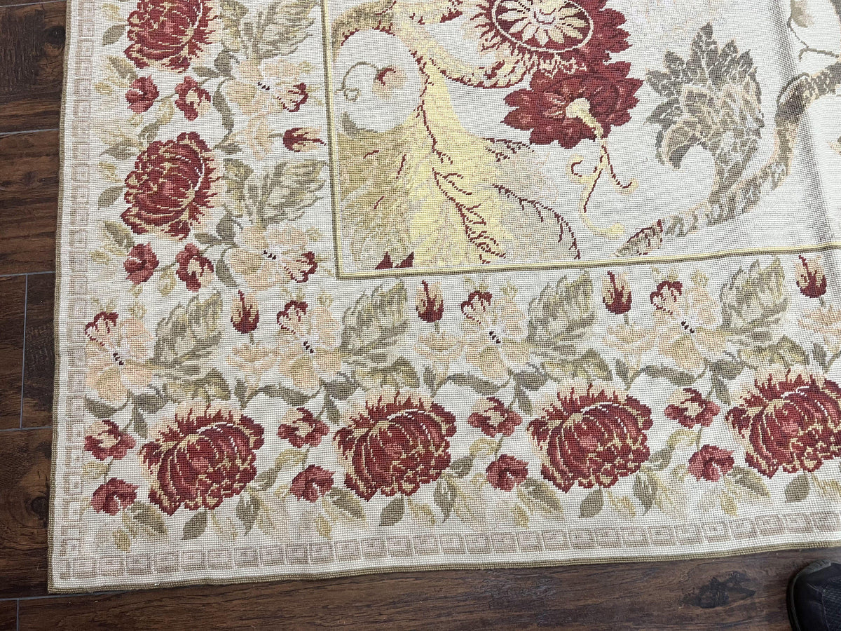 Extra Large Needlepoint Rug 14 x 20, Vintage Handwoven Handmade Wool Flatweave Carpet, Allover Floral Pattern, Elegant European Deisgn Rug - Jewel Rugs, view 8
