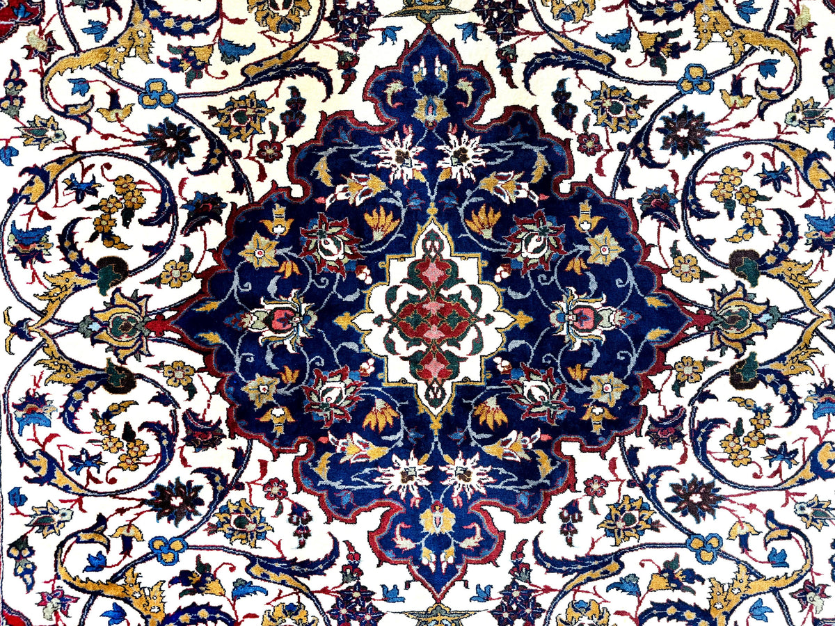 Wonderful Persian Isfahan Rug 7x9, Ivory Navy Blue Red, Floral Medallion, Very Finely Hand Knotted 260 KPSI, Handmade Wool Vintage Rug - Jewel Rugs, view 5