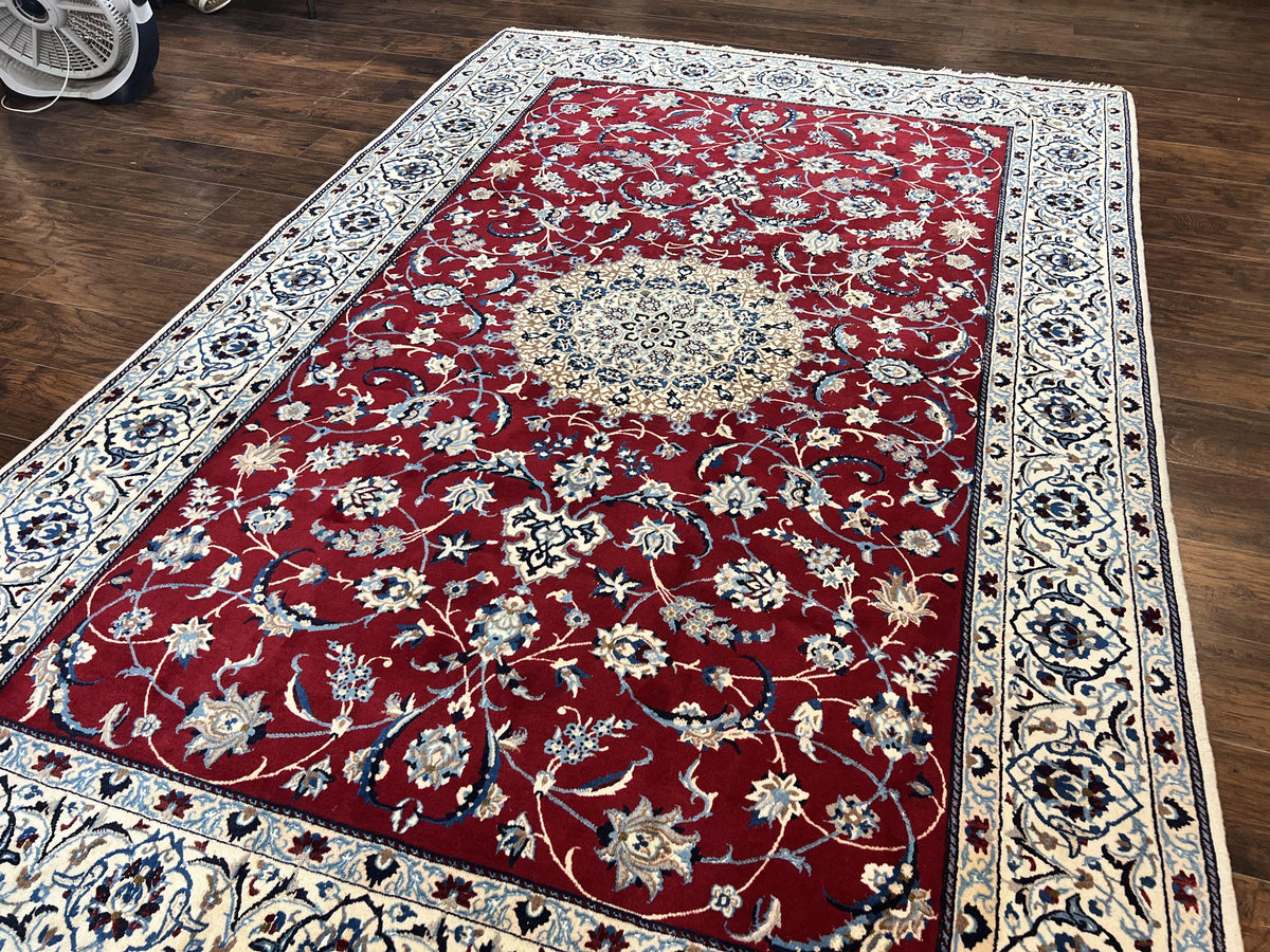 Persian Nain Rug 6x10, Wool and Silk Highlights, Red and Ivory, Floral Medallion, Vintage Handmade Hand Knotted, Fine 225 KPSI, Traditional Rug - Jewel Rugs, view 2