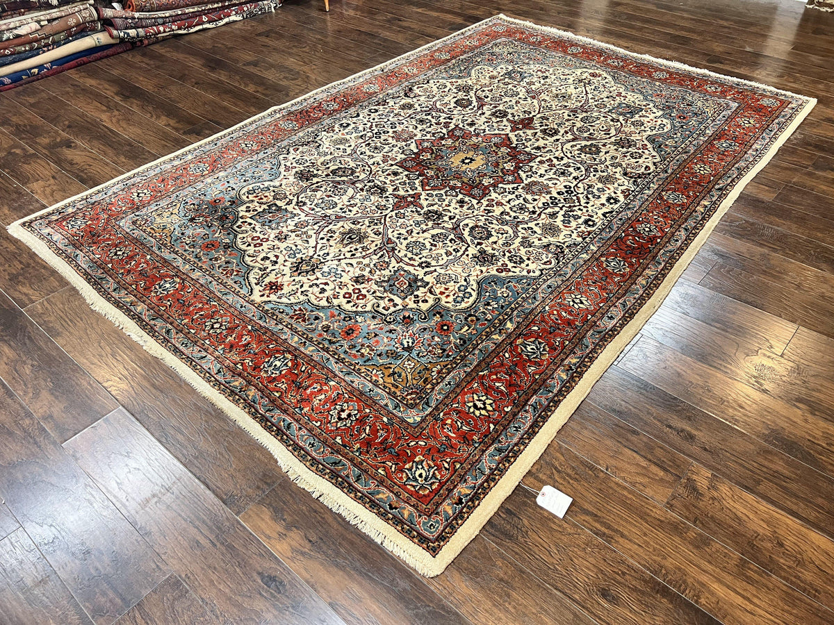Persian Sarouk Rug 8x12, Wool Hand Knotted Antique Carpet, Floral Medallion, Cream Red, Traditional Oriental Rug - Jewel Rugs, view 2