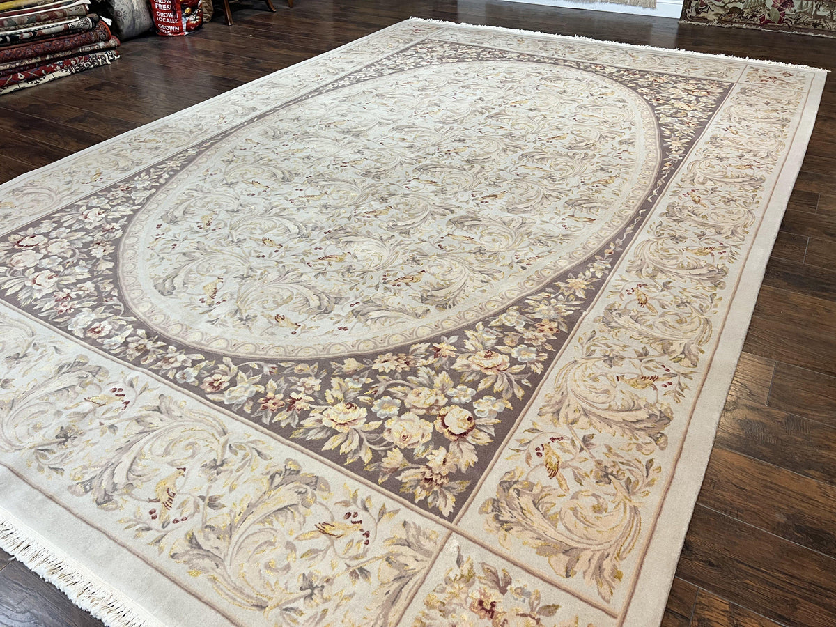 Aubusson Rug 10x14, Wool & Silk Highlights Hand Knotted Vintage Carpet, Birds Flowers, Fine Details, Elegant - Jewel Rugs, view 3