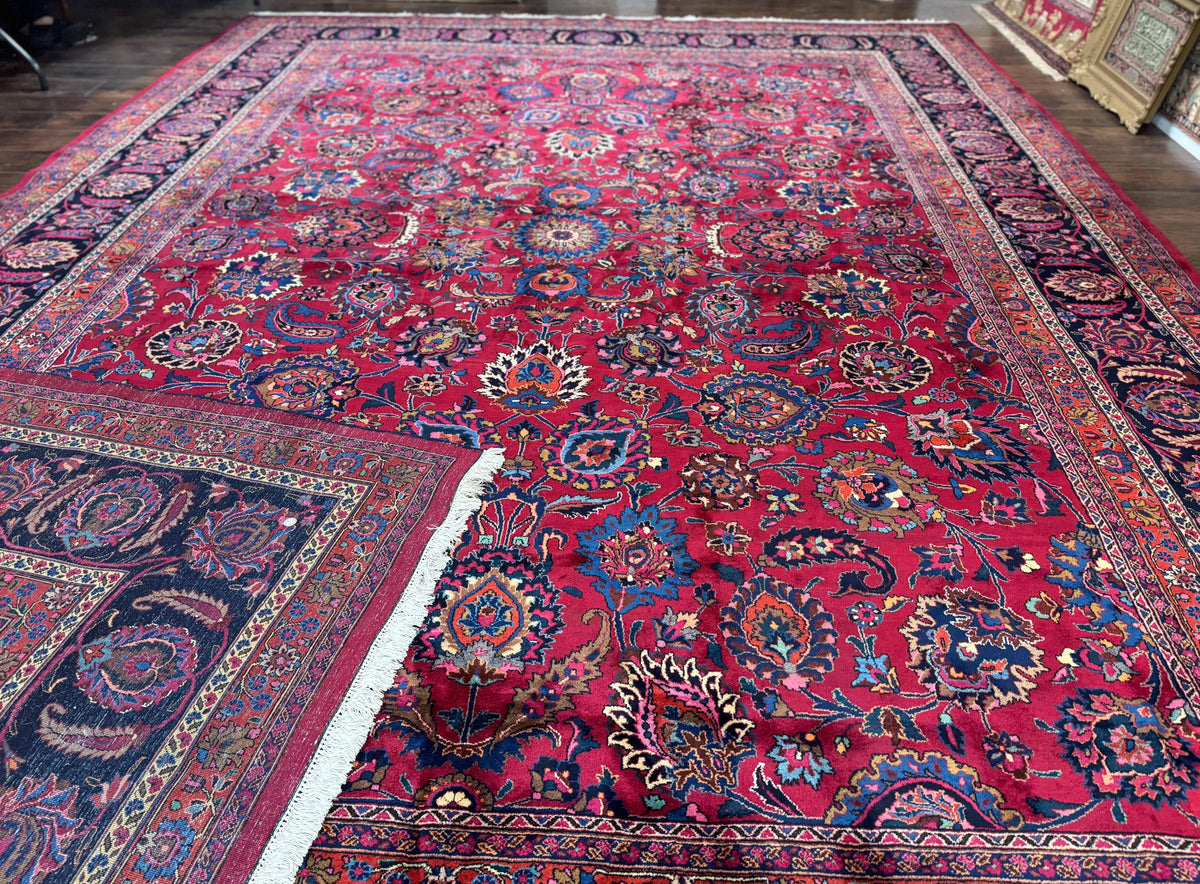 Palace Size Persian Mashad Rug 12x16, Raspberry and Navy Blue, Signature from Master Weaver, Antique Handmade Large Wool Carpet - Jewel Rugs, view 11