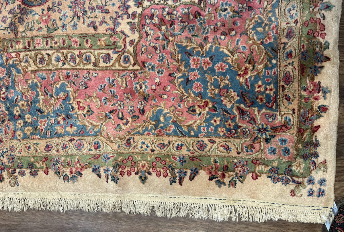 Palace Size Persian Kerman Rug 11x20 ft, Very Fine 340 KPSI, Vintage Oversized Wool Handmade Large Persian Carpet, Beige Light Blue Pink - Jewel Rugs, view 9