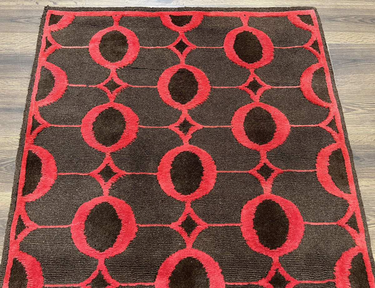 Modern Tibetan Rug 3.8 x 5.7, Raspberry Red and Dark Brown, Abstract Circle Design, Hand Knotted, Soft Wool Handmade Tibet Nepali Carpet 4x6 - Jewel Rugs, view 12
