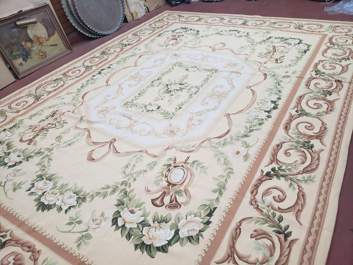 Elegant Aubusson Rug 10 x 14, Cream and Ivory Simple Aubusson Floral Carpet, Hand-Woven, European, New Aubusson Rug, Wool Area Rug, Violins - Jewel Rugs, view 3