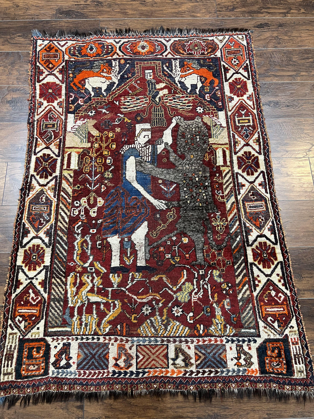 Antique Persian Shiraz Pictorial Rug 3.6 x 5, Persian Tribal Rug, Handmade, Lions, Highly Unique Collectible Small Persian Carpet, Maroon, Wool - Jewel Rugs, view 2