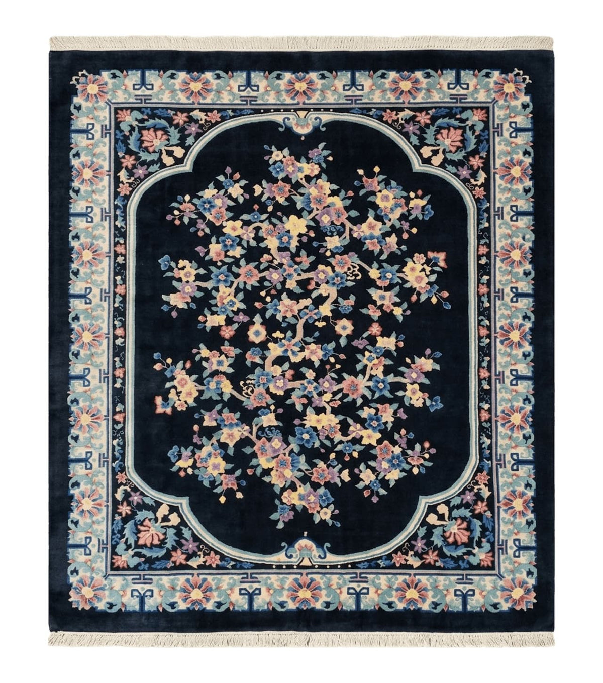 Black Chinese Wool Rug 8x10, Art Deco Floral Carpet, Soft Plush Pile - Jewel Rugs