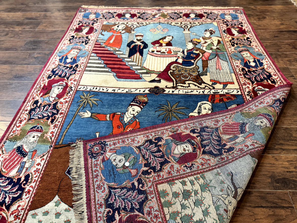 Rare Persian Kashan Pictorial Rug 6x9, King Bahram Hunting Scene, Persian Kings, Hand Knotted Persian Rug for Wall Hanging, Antique, Wool - Jewel Rugs, view 13