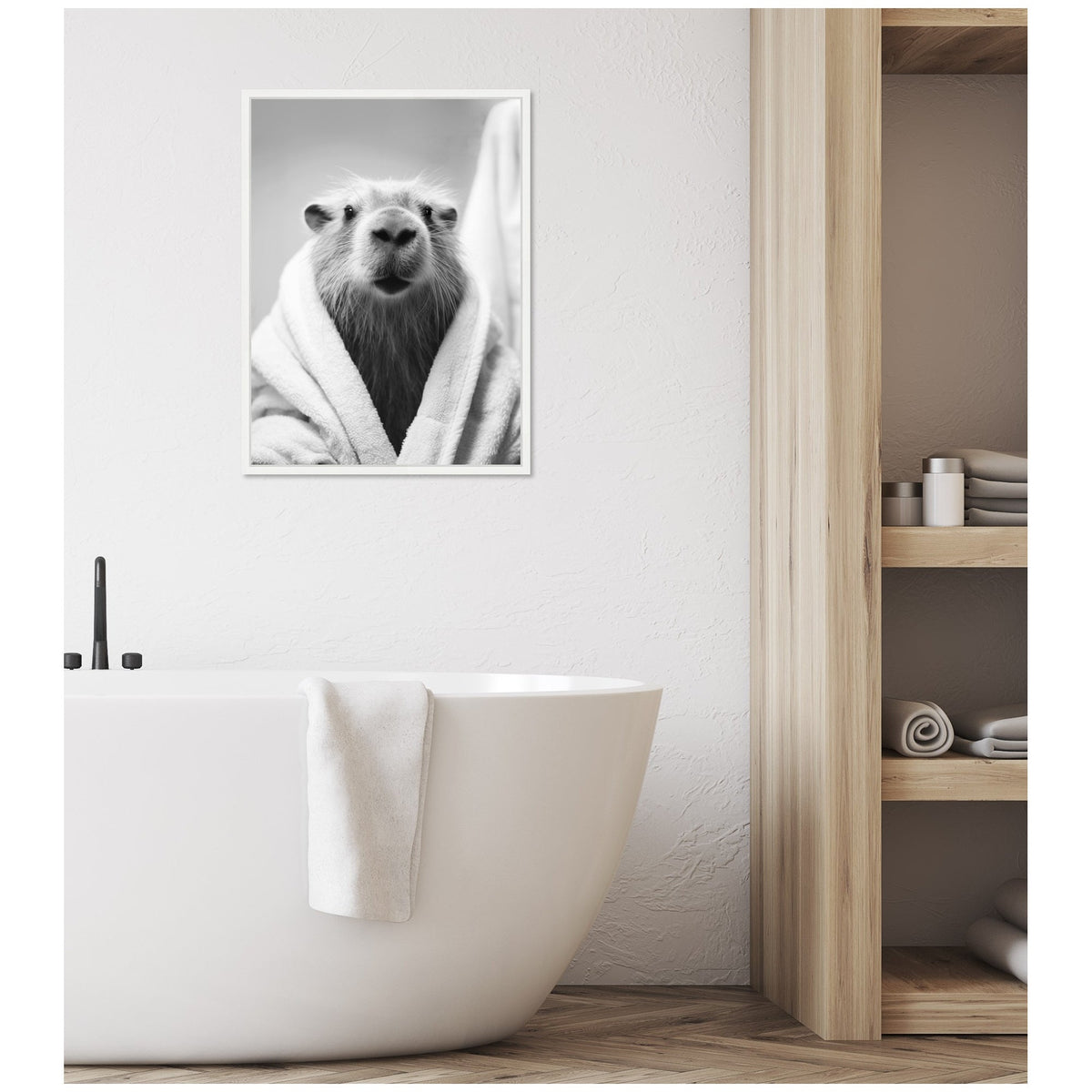 Sylvie Capybara Bathroom Art Towel Robe Black and White Framed Canvas by The Creative Bunch Studio