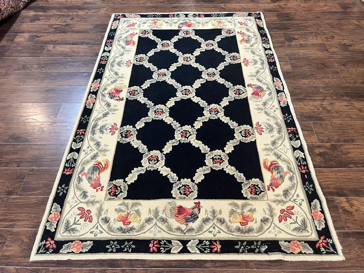 Hooked Rug 5x8, European Aubusson Pattern, Black and Ivory, Roses & Roosters, Vintage Wool Rug - Jewel Rugs, view 2