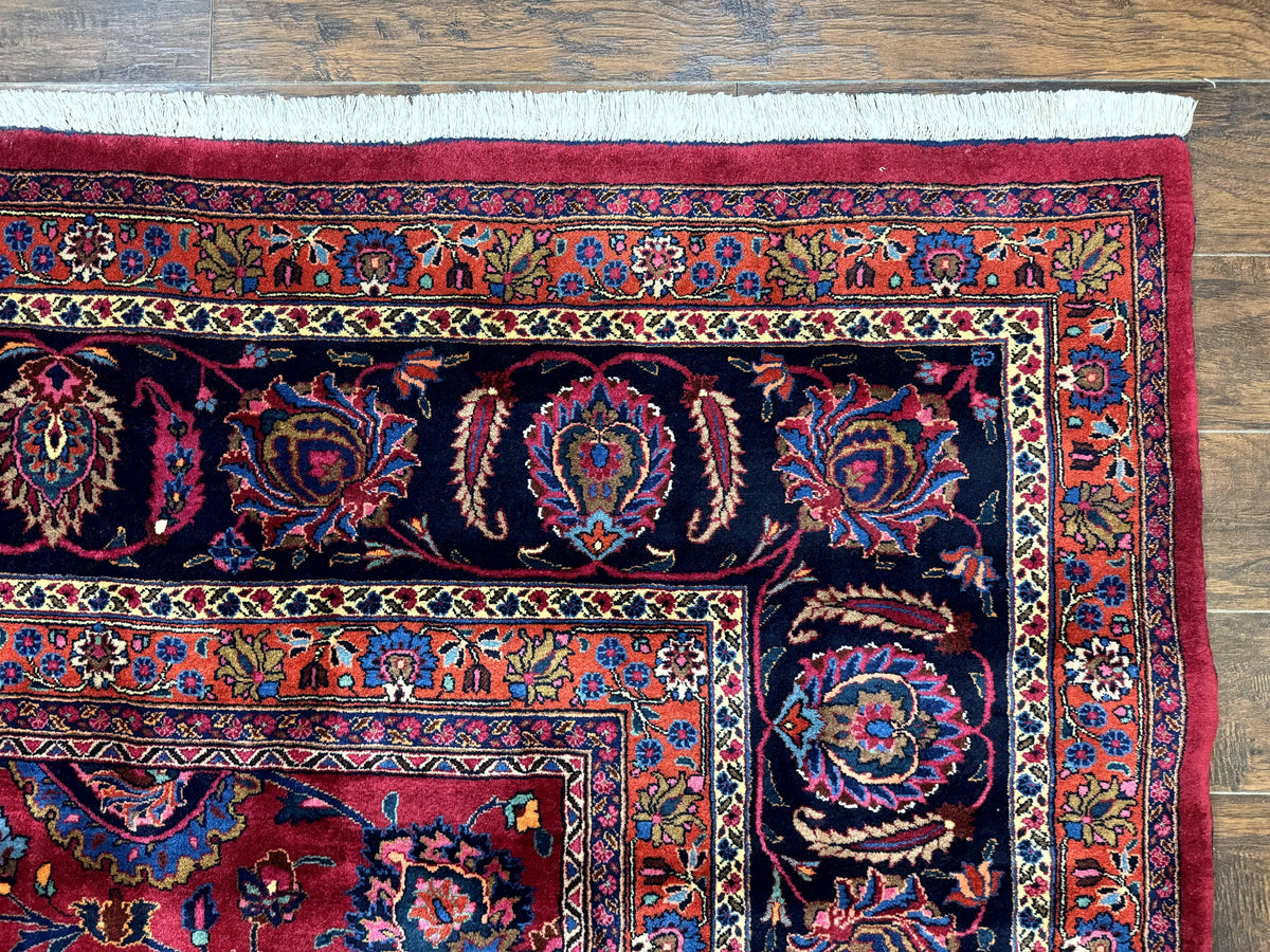 Palace Size Persian Mashad Rug 12x16, Raspberry and Navy Blue, Signature from Master Weaver, Antique Handmade Large Wool Carpet - Jewel Rugs, view 7